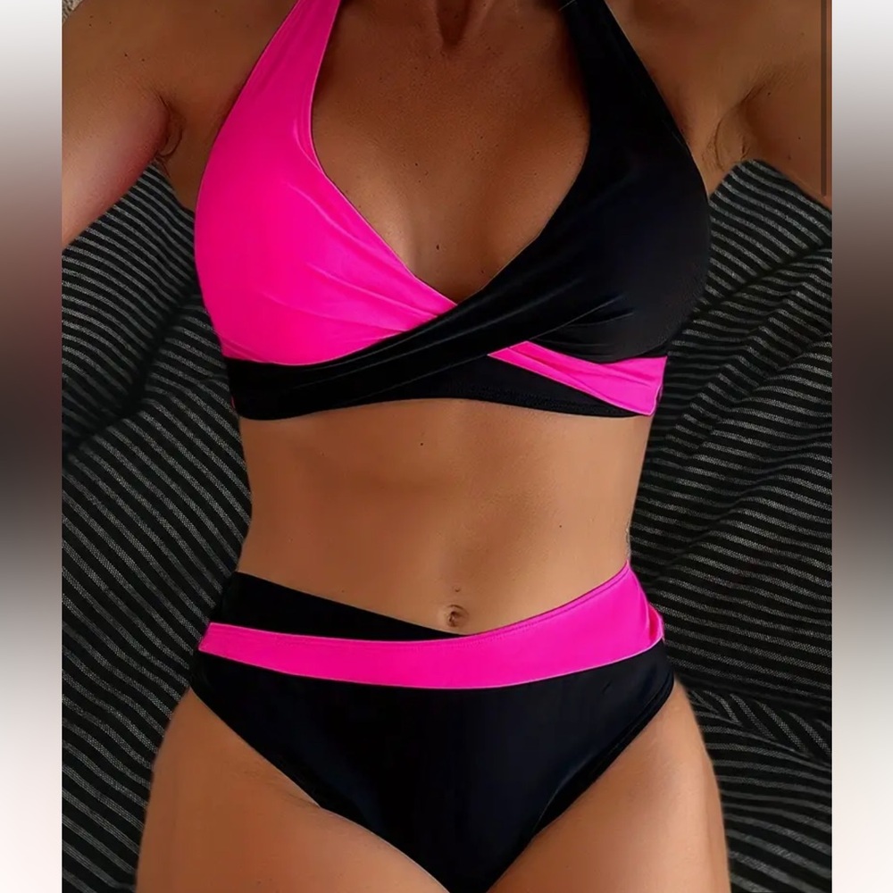 Pink Black Color Block Halter Bikini Set